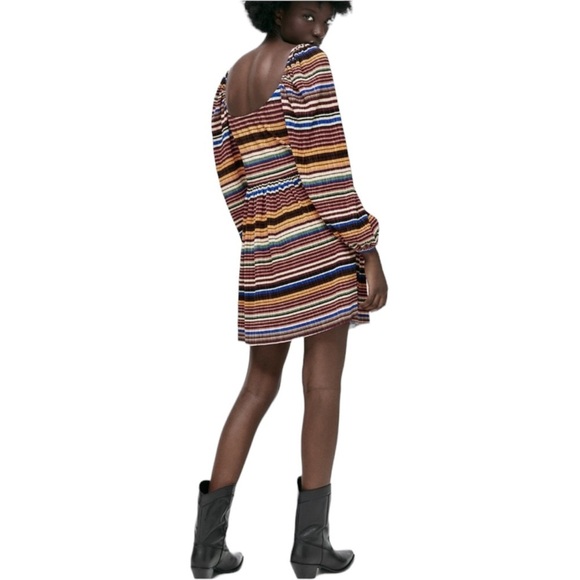 ZARA Multicolor Stripe Pleated Long Balloon Sleeve Dress - Picture 12 of 14